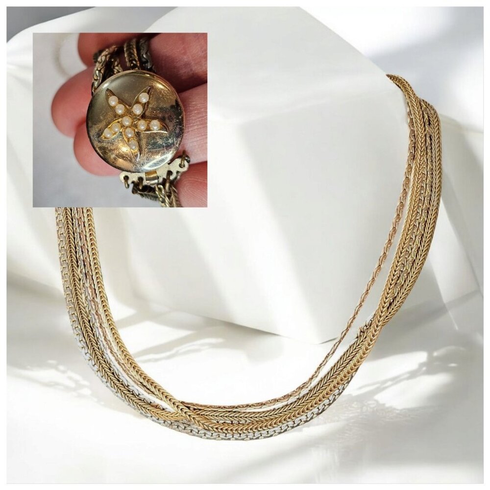 Vintage Lisner Mixed Metal Multi-strand Necklace Starfish Clasp Gold Tone 15 in‎